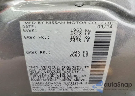 2025 Nissan Altima 2.5 Sv z USA, uszkodzony, nr VIN 1N4BL4DV4SN320043